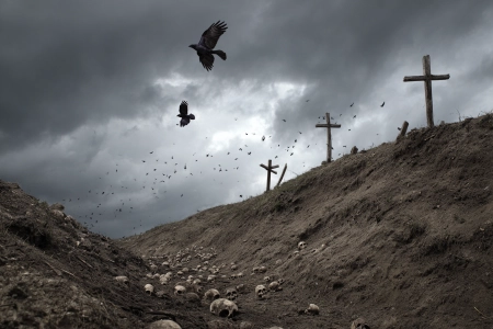 Illustration of a hill with skulls and crows made with AI