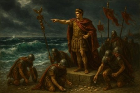 Illustration made with AI of Caligula ordering soldiers to collect seashells