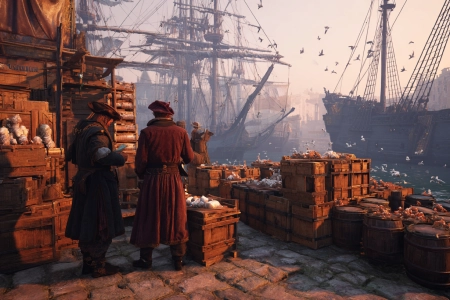 Illustration of Columbus in a Spanish port made with AI