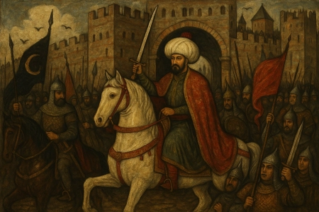 AI-generated illustration of Mehmed II entering Constantinople