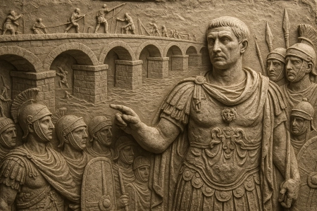 Illustration made with AI: Trajan's bridge under construction