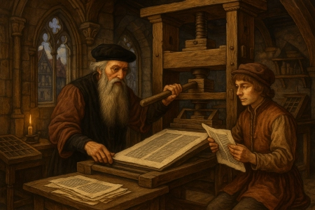 Illustration of Gutenberg in the workshop made with AI
