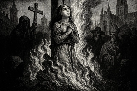 AI-generated Illustration of Joan of Arc burned at the stake