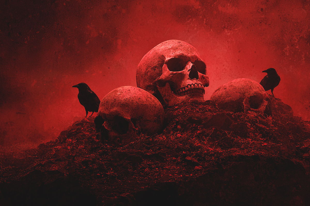 Black Death imagery showing skulls as a warning