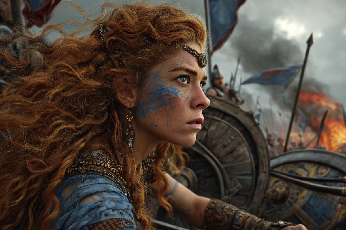 Boudica leading warriors in a war chariot