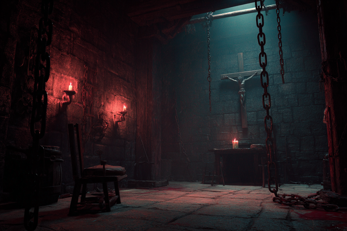 Inquisition-era interrogation chamber imagery