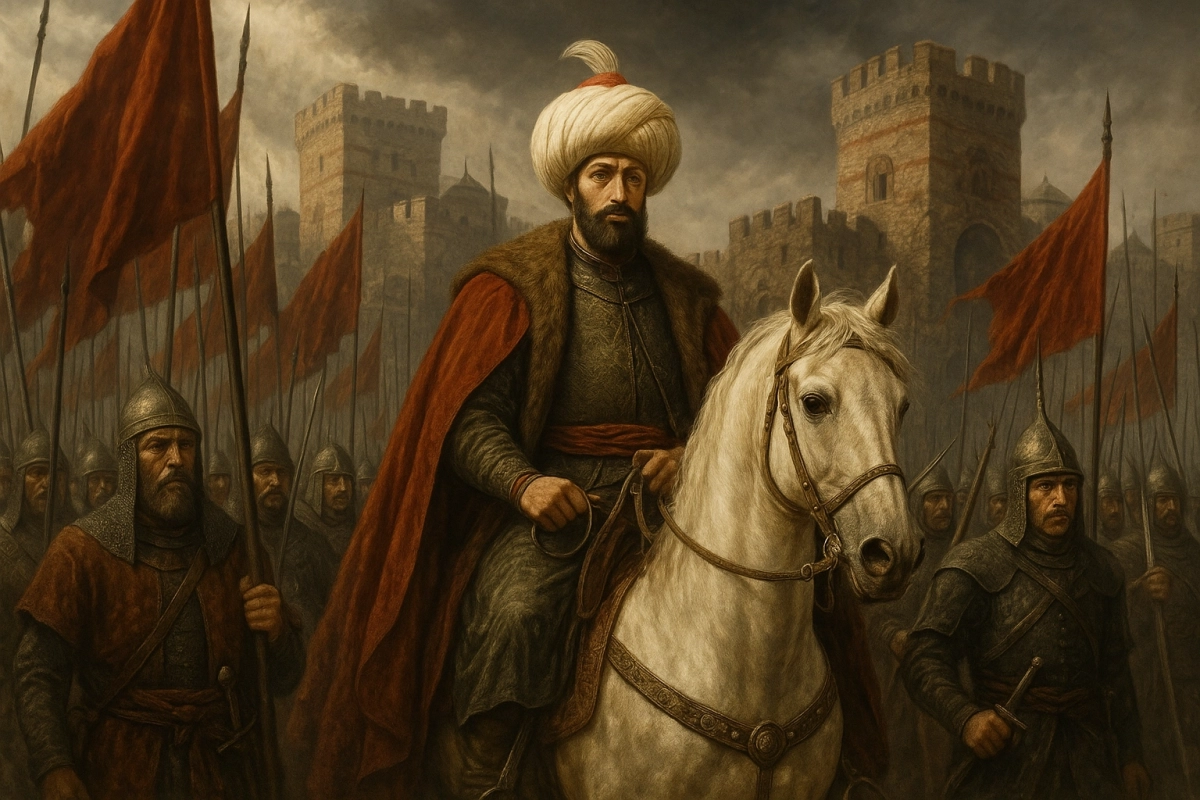Mehmed II the Conqueror with Constantinople in the background